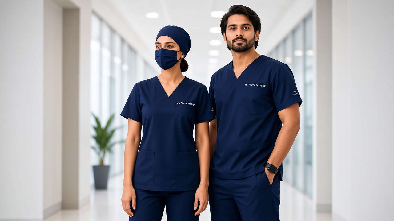 Two clinicians wearing navy Trend and Attire scrubs in a hospital corridor